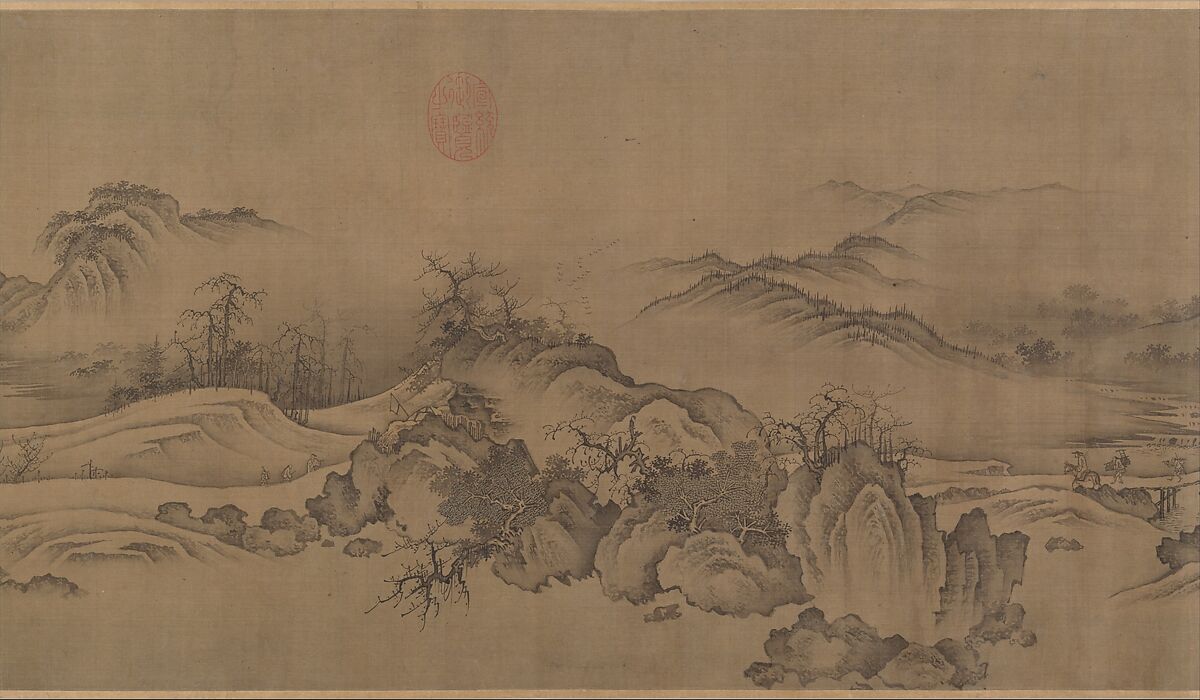Buddhist Temples amid Autumn Mountains, Unidentified artist  , 14th–15th century, Handscroll; ink and pale color on silk, China