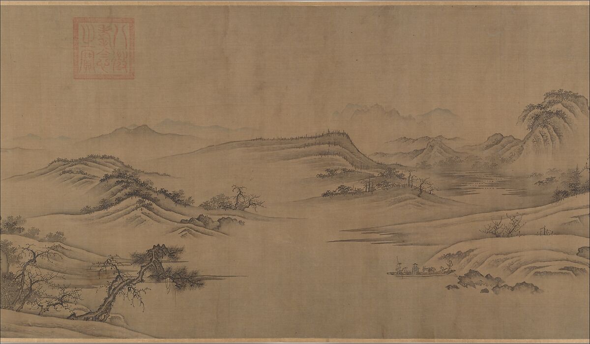 Buddhist Temples amid Autumn Mountains, Unidentified artist  , 14th–15th century, Handscroll; ink and pale color on silk, China