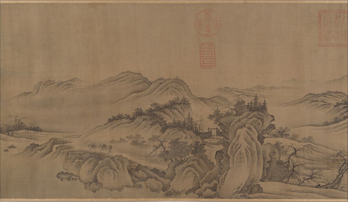 Buddhist Temples amid Autumn Mountains, Unidentified artist  , 14th–15th century, Handscroll; ink and pale color on silk, China