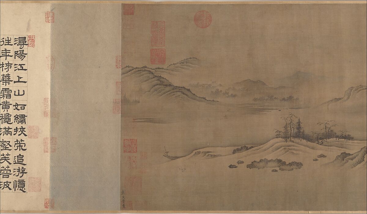 Buddhist Temples amid Autumn Mountains, Unidentified artist  , 14th–15th century, Handscroll; ink and pale color on silk, China