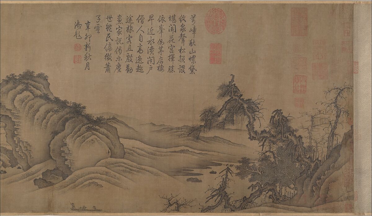 Buddhist Temples amid Autumn Mountains, Unidentified artist  , 14th–15th century, Handscroll; ink and pale color on silk, China
