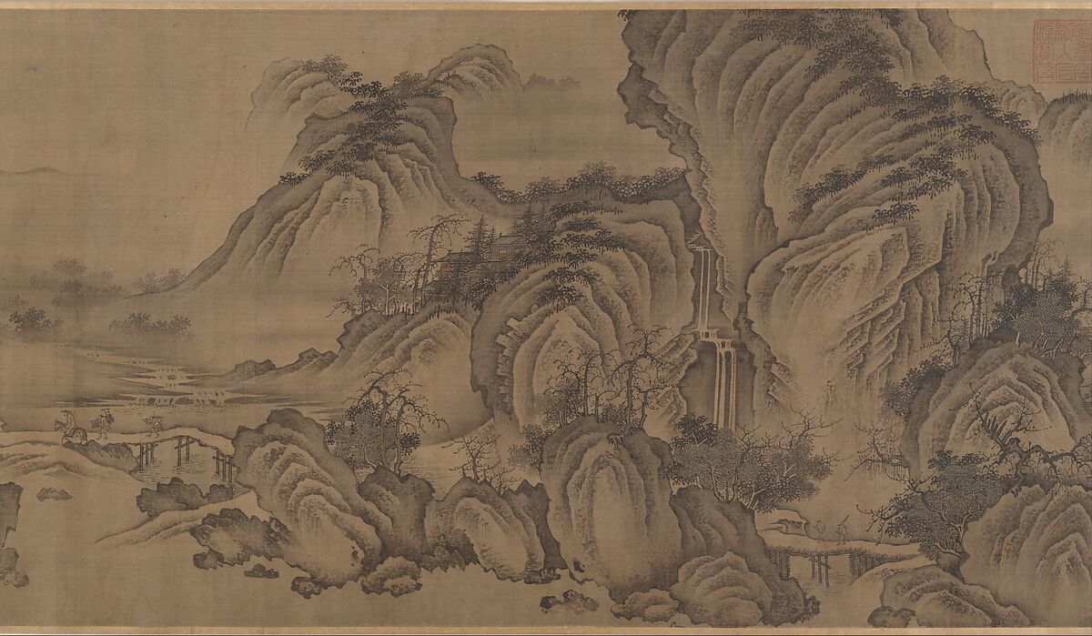 Buddhist Temples amid Autumn Mountains, Unidentified artist  , 14th–15th century, Handscroll; ink and pale color on silk, China