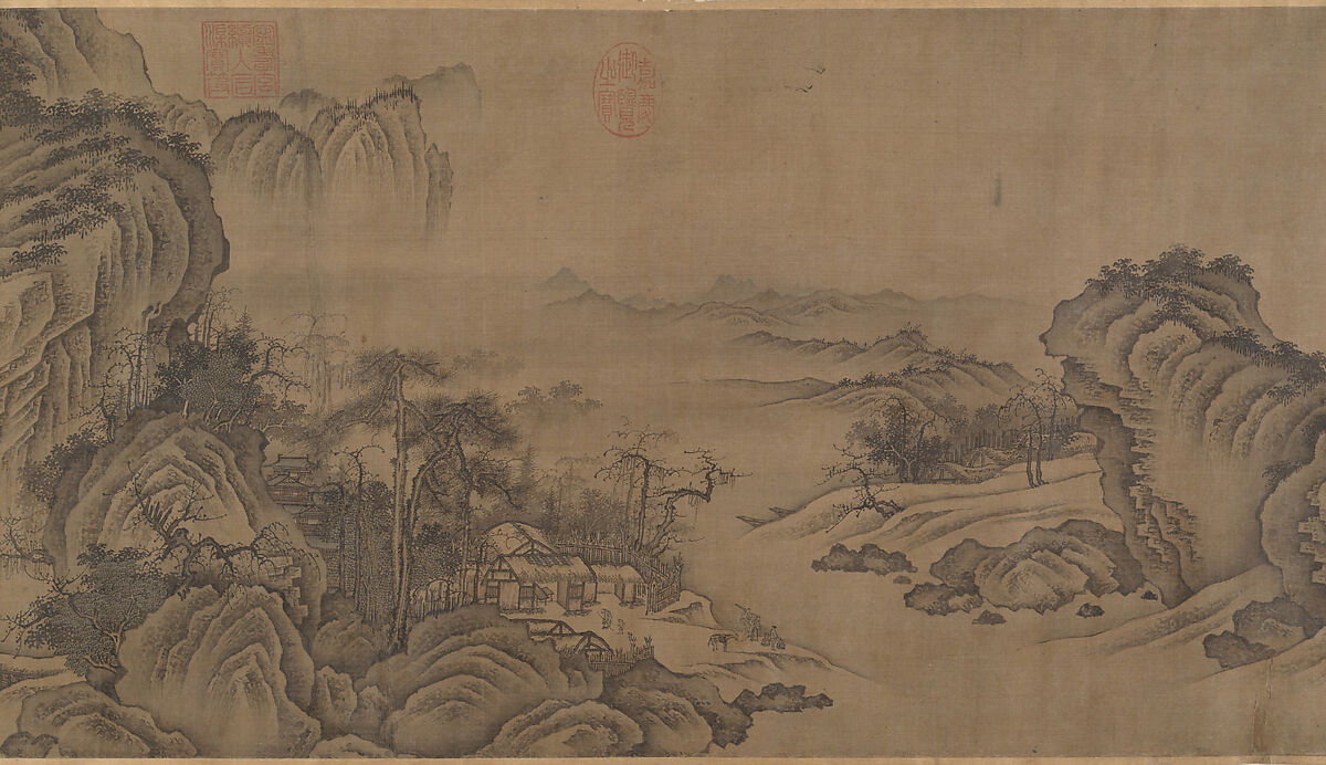 Buddhist Temples amid Autumn Mountains, Unidentified artist  , 14th–15th century, Handscroll; ink and pale color on silk, China 