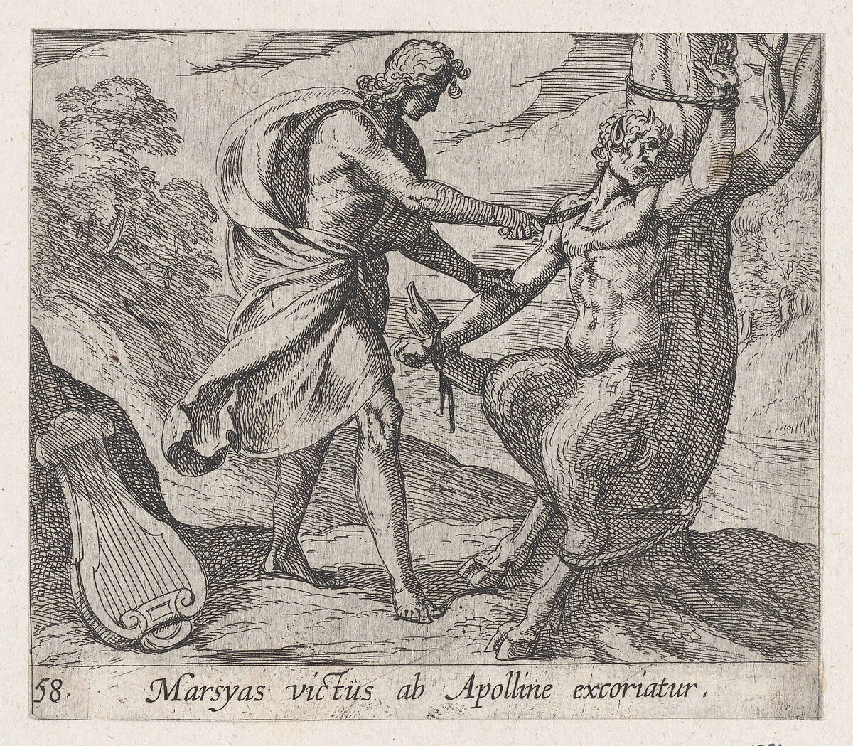 Plate 58: Apollo Killing Marsyas (Marsyas victus ab Apolline excoriatur), from Ovid's 'Metamorphoses', Antonio Tempesta (Italian, Florence 1555–1630 Rome), Etching 