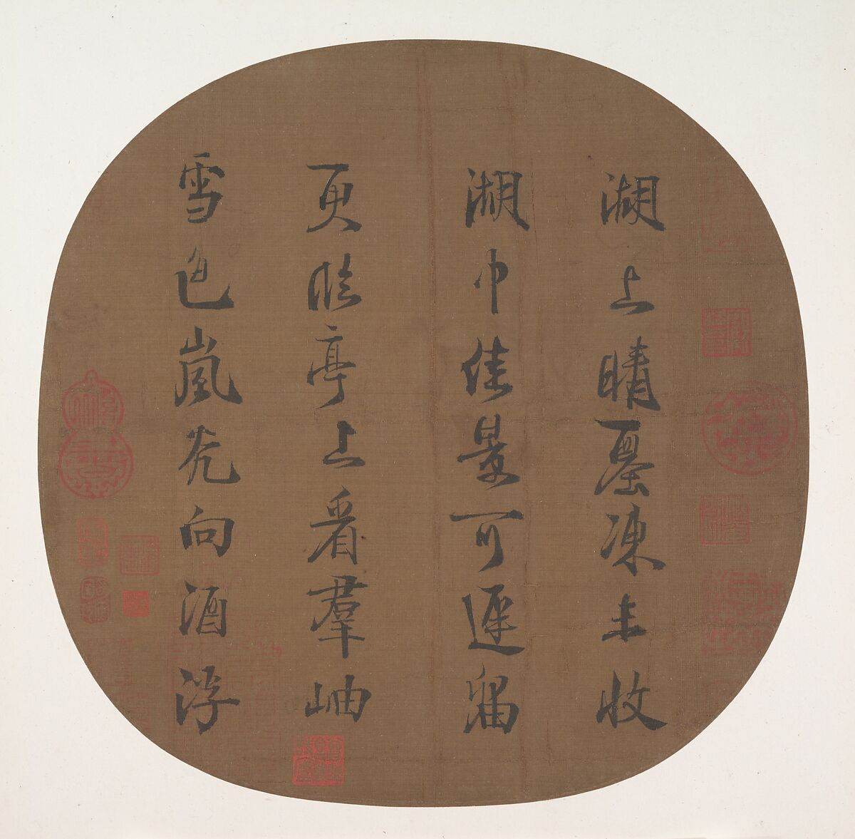 Quatrain on Snow-covered West Lake, Emperor Lizong (Chinese, 1205–64, r. 1224–64), Round fan mounted as an album leaf; ink on silk, China 