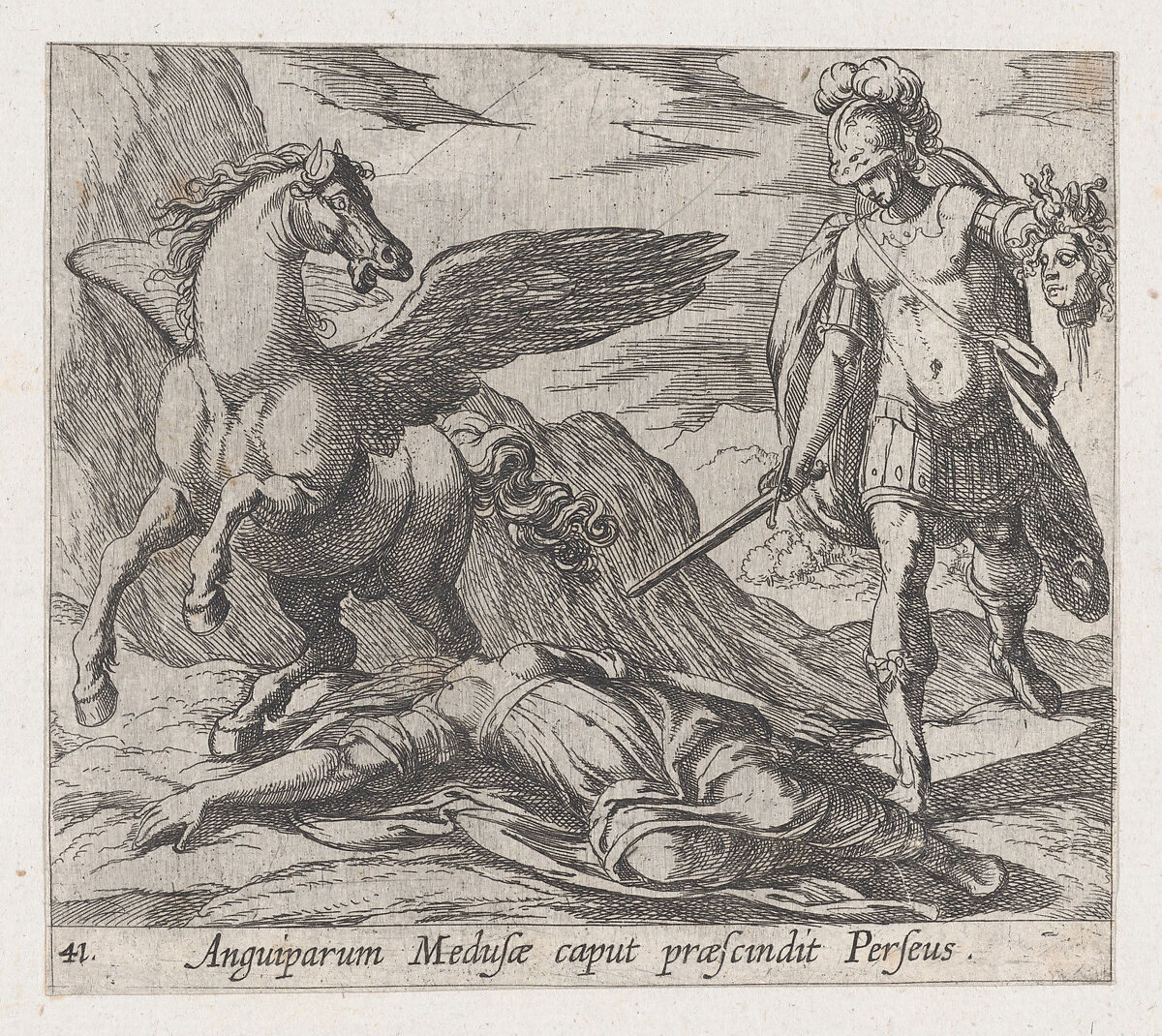 Plate 41: Perseus Killing Medusa (Anguiparum Meduse caput praescundit Perseus), from Ovid's 'Metamorphoses', Antonio Tempesta (Italian, Florence 1555–1630 Rome), Etching 