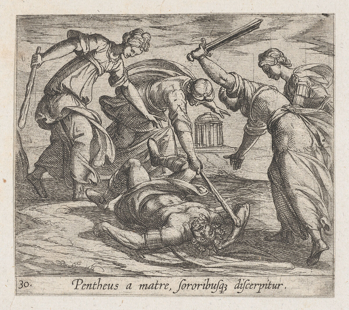 Plate 30: The Death of Pentheus (Pentheus a matre, sororibusq discerpitur), from Ovid's 'Metamorphoses', Antonio Tempesta (Italian, Florence 1555–1630 Rome), Etching 