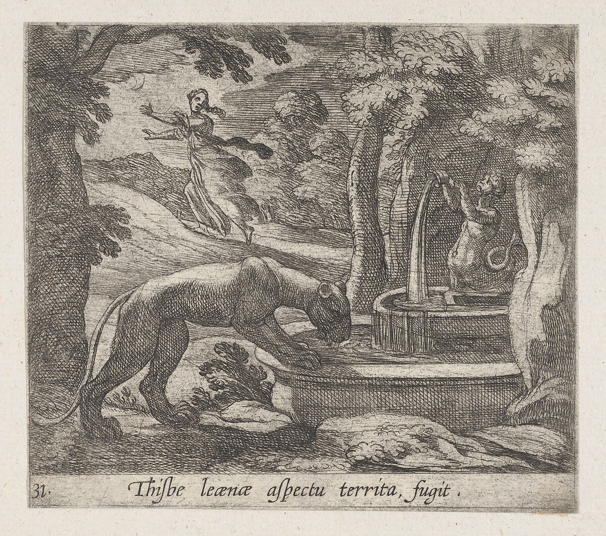 Plate 31: Thisbe Running from the Lionness at the Well (Thisbe leaenae spectu territa fugit), from Ovid's 'Metamorphoses', Antonio Tempesta (Italian, Florence 1555–1630 Rome), Etching 