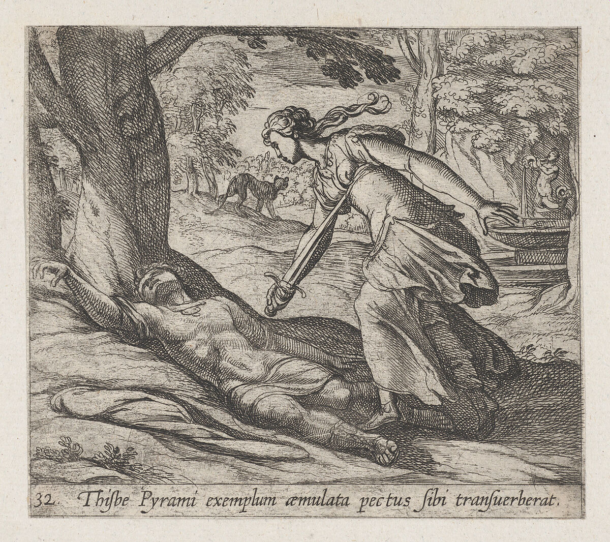 Plate 32: Thisbe Killing Herself (Thisbe Pyrami exemplum aemulata pectus sibi trasuerberat), from Ovid's 'Metamorphoses', Antonio Tempesta (Italian, Florence 1555–1630 Rome), Etching 