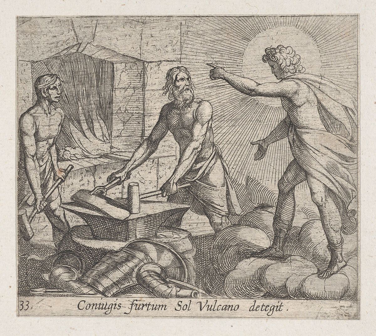 Plate 33: Apollo at Vulcan's Forge (Coniugis furtum Sol Vulcano detegit), from Ovid's 'Metamorphoses', Antonio Tempesta  Italian, Etching