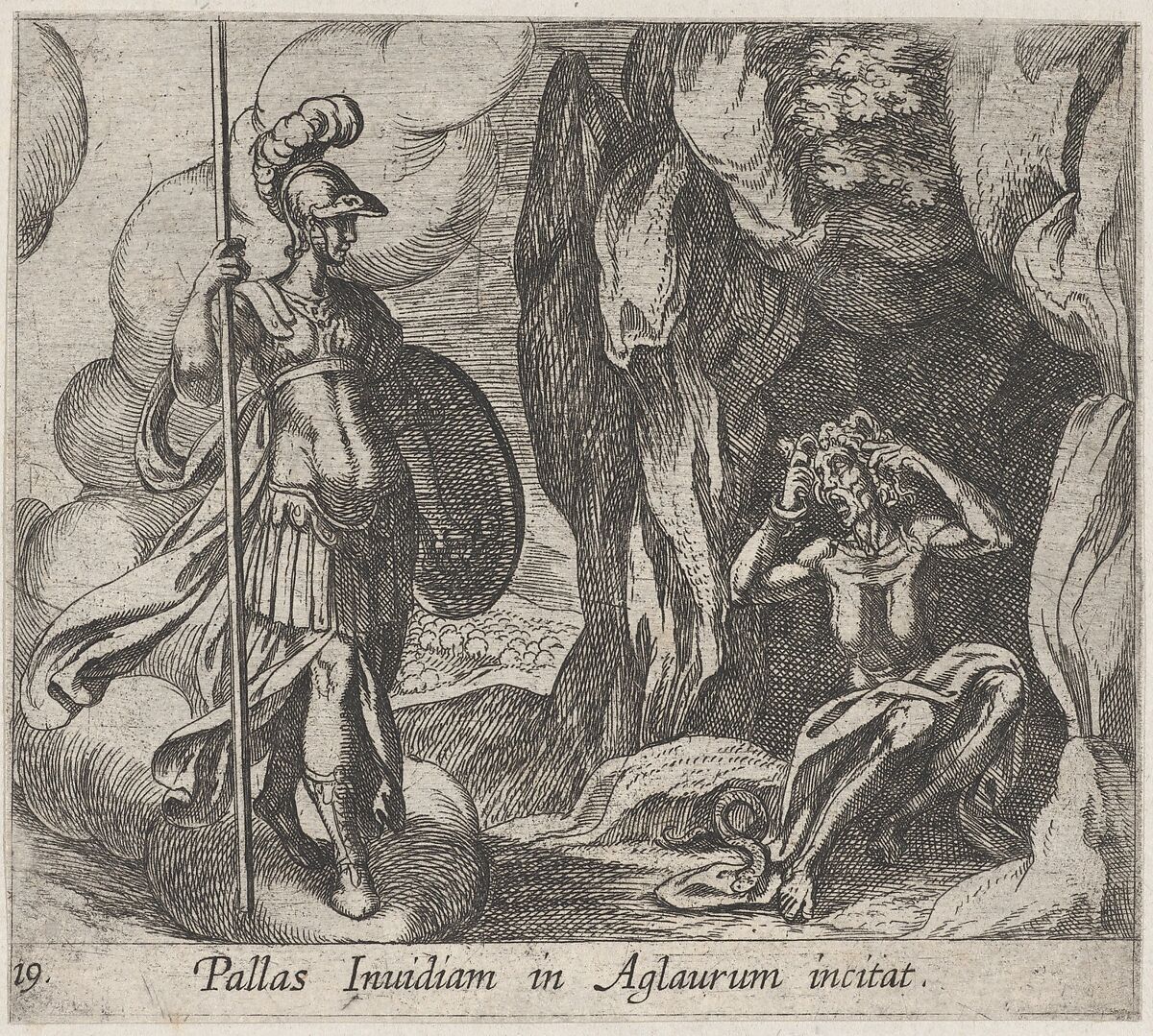 Plate 19: Minerva at Envy's Cave (Pallas Invidiam in Aglaurum incitat), from Ovid's 'Metamorphoses', Antonio Tempesta (Italian, Florence 1555–1630 Rome), Etching 