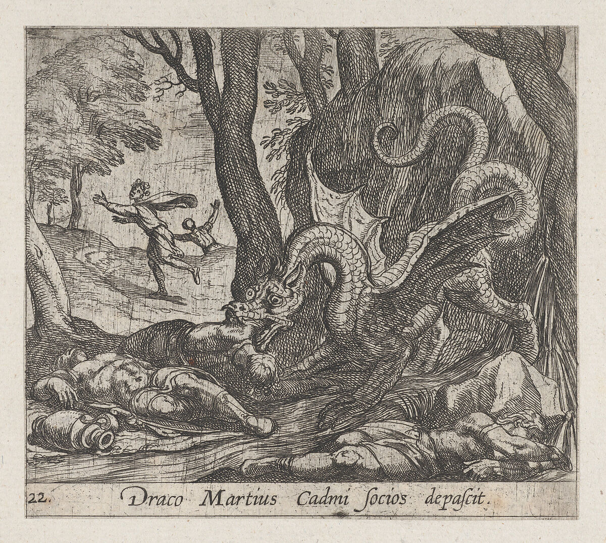 Plate 22: Cadmus's Men Killed by the Serpent (Draco Martius Cadmi socios depascit), from Ovid's 'Metamorphoses', Antonio Tempesta (Italian, Florence 1555–1630 Rome), Etching 