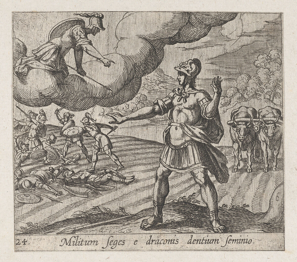 Plate 24: The Warring Men Born of the Serpent's Teeth (Militum Seges e draconis dentium seminio), from Ovid's 'Metamorphoses', Antonio Tempesta (Italian, Florence 1555–1630 Rome), Etching 