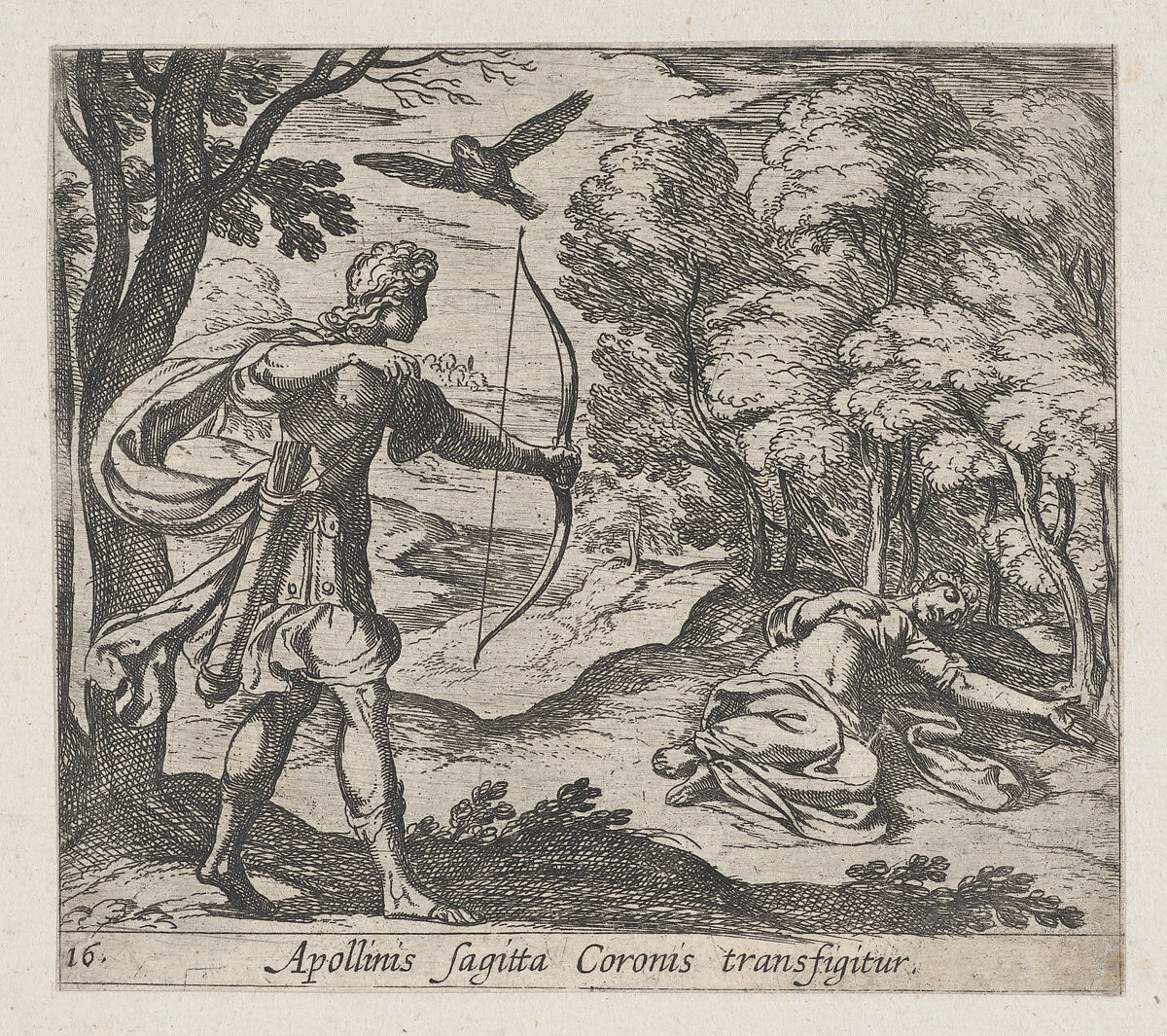 Plate 16: Apollo Killing Coronis (Appolinis sagitta Coronis transfigitur), from Ovid's 'Metamorphoses', Antonio Tempesta (Italian, Florence 1555–1630 Rome), Etching 