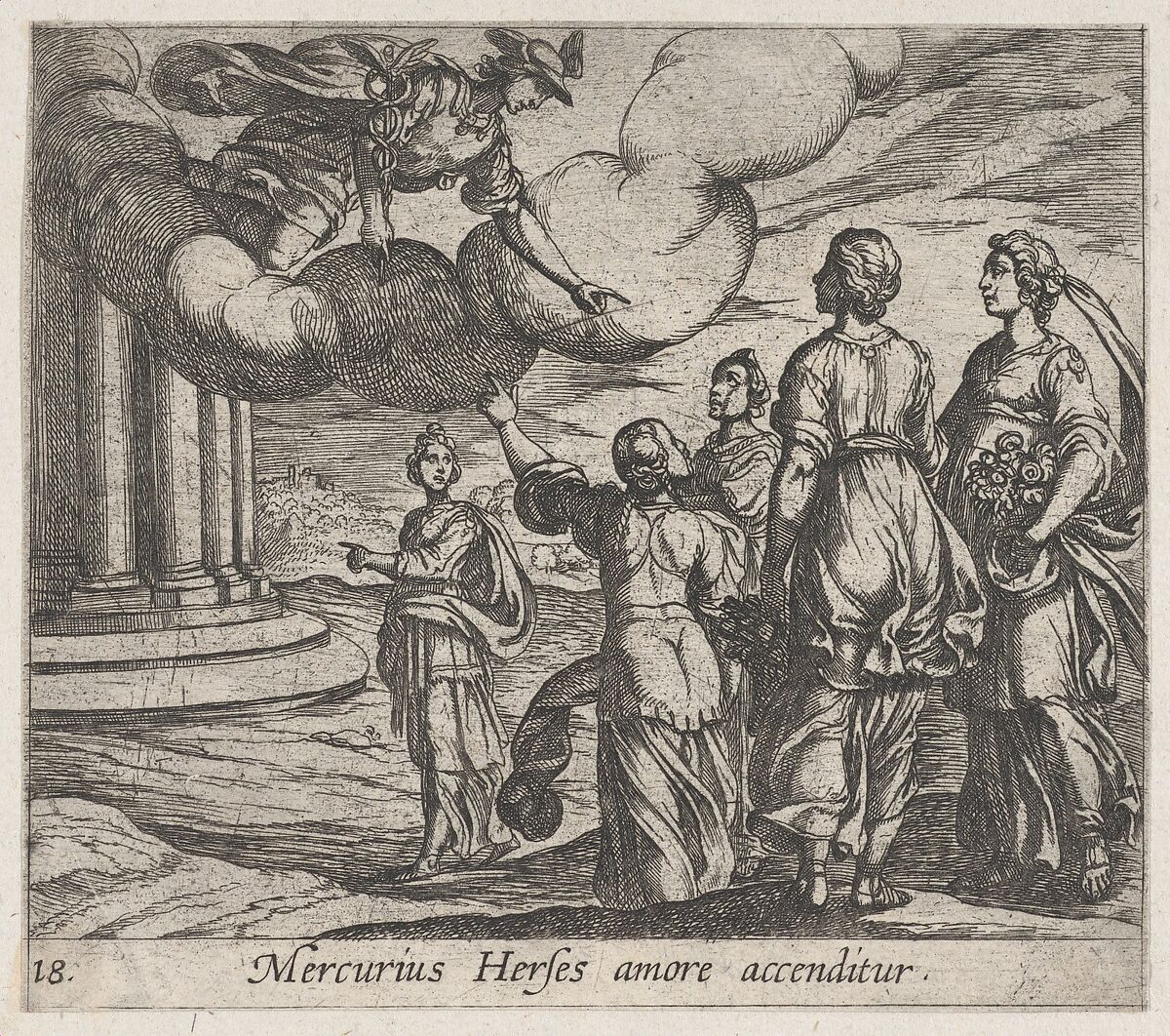 Plate 18: Mercury Falling in love with Herse (Mercurius Herses amore accenditur), from Ovid's 'Metamorphoses', Antonio Tempesta (Italian, Florence 1555–1630 Rome), Etching 