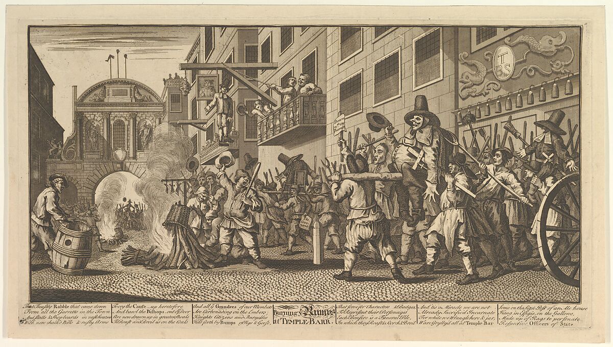 Burning the Rumps at Temple Bar (Twelve Large Illustrations for Samuel Butler's Hudibras, Plate 11), William Hogarth (British, London 1697–1764 London), Etching and engraving; fourth state of four 