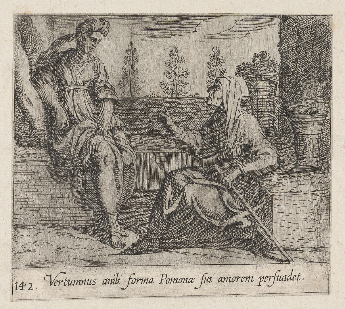 Plate 142: Pomona and Vertumnus (Vertumnus anili forma Pomonae sui amorem persuadet), from Ovid's 'Metamorphoses', Antonio Tempesta (Italian, Florence 1555–1630 Rome), Etching 