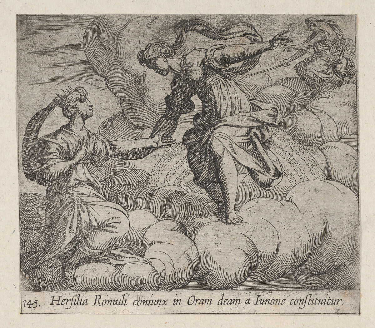 Plate 145: Hersilia Taken to the Heavens (Hersilia Romuli coniunx in Oram deam a Iunone constituitur), from Ovid's 'Metamorphoses', Antonio Tempesta (Italian, Florence 1555–1630 Rome), Etching 