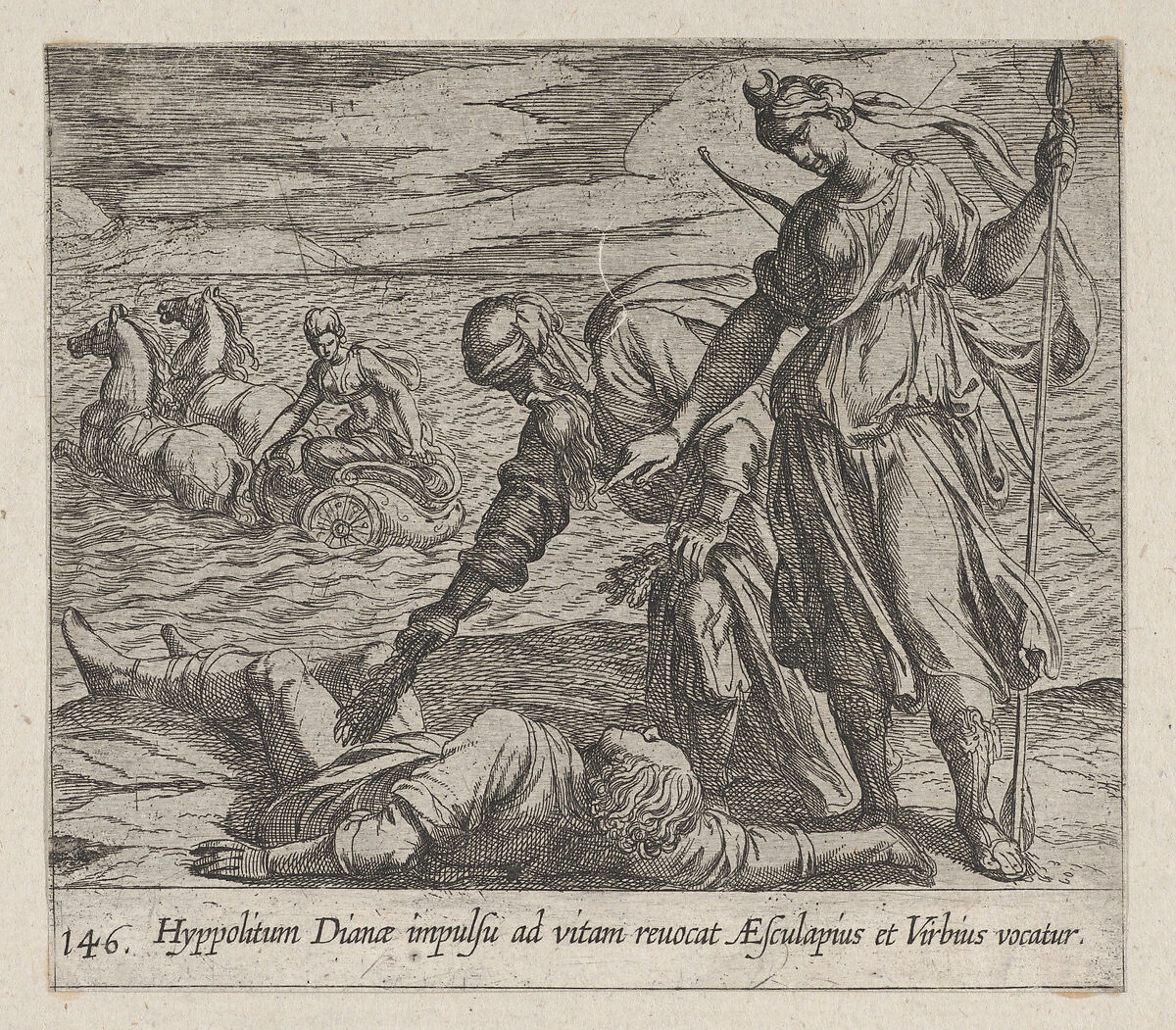 Plate 146: Hippolytus Saved from Death (Hippolitum Dianae impulsu ad vitam revocat  AEsculapius et Virbius vocatur), from Ovid's 'Metamorphoses', Antonio Tempesta (Italian, Florence 1555–1630 Rome), Etching 
