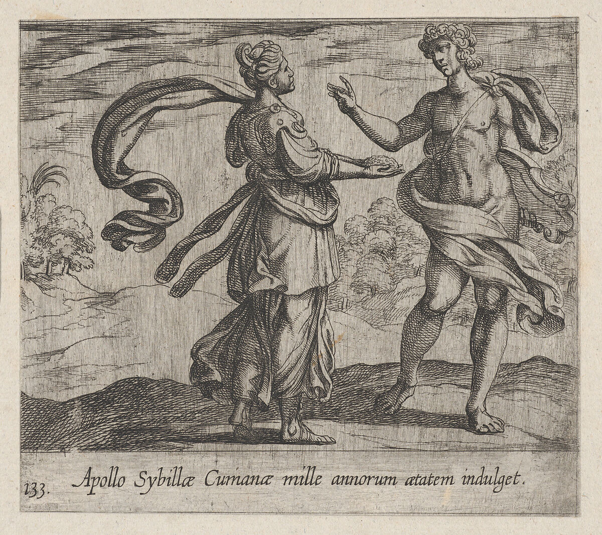 Apollo Granting the Cumaean Sybil's Wish (Apollo Sybillae Cumanae mille annorum atatem indulget), from Ovid's The Metamorphoses, plate 133, Antonio Tempesta (Italian, Florence 1555–1630 Rome), Etching 