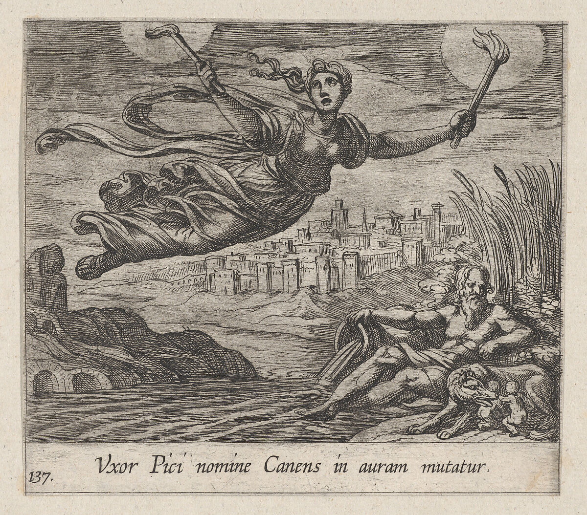 Plate 137: Canens Searching for Pics (Uxor Pici nomine Canens in auram mutatur), from Ovid's 'Metamorphoses', Antonio Tempesta (Italian, Florence 1555–1630 Rome), Etching 