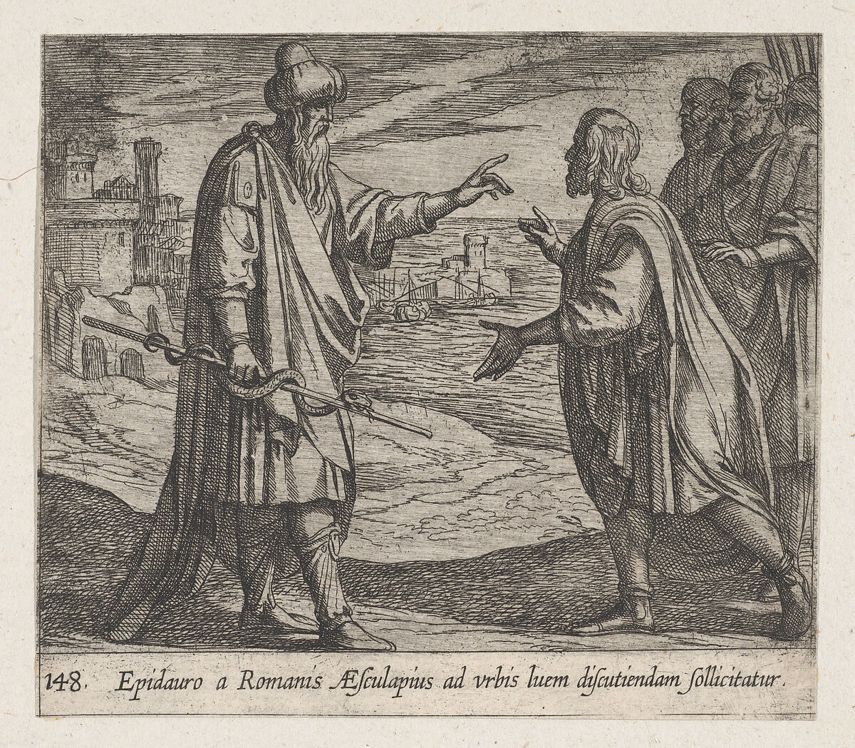 Plate 148: Aesculapius Speaking to the Romans (Epidauro a Romanis AEsculapius ad urbis luem discutiendam sollicitatur), from Ovid's 'Metamorphoses', Antonio Tempesta (Italian, Florence 1555–1630 Rome), Etching 