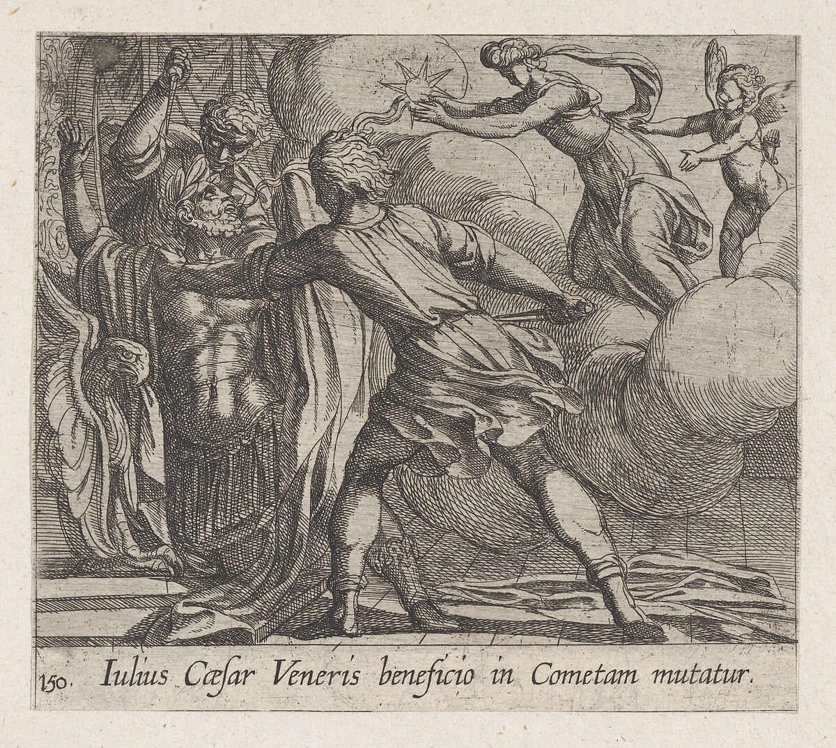 The Murder of Julius Caesar (Iulius Caesar Veneris beneficio in Cometam mutatur), plate 150 from Ovid's "Metamorphoses", Antonio Tempesta (Italian, Florence 1555–1630 Rome), Etching 