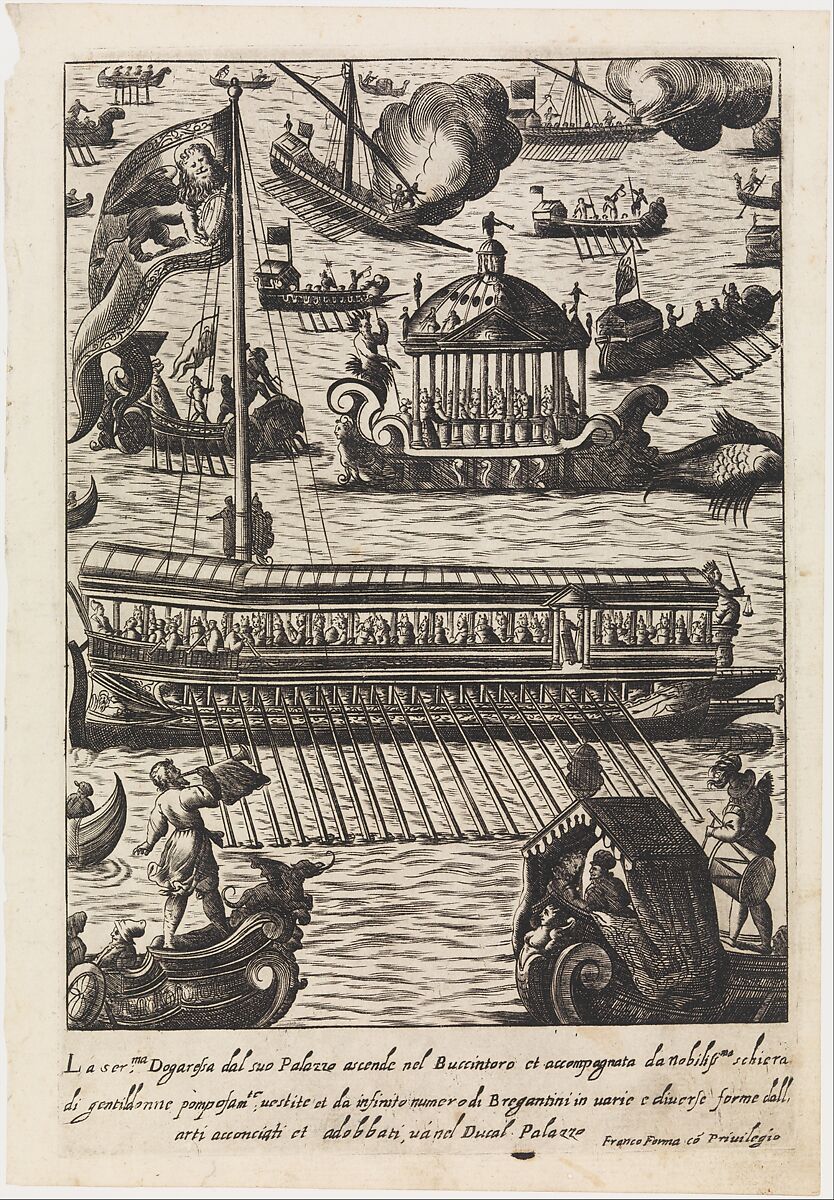 La serenissima Dogaressa dal suo palazzo...Bucintoro from Habiti d'huomeni et donne Venetiane, Giacomo Franco (Italian, Venice 1550–1620 Venice), Engraving 