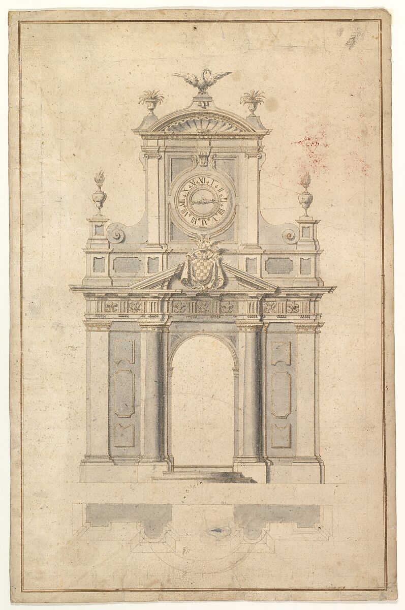 Design for an Entrance Arch, Anonymous, Italian, 17th or 18th century, Pen and brown ink with brush and gray wash 