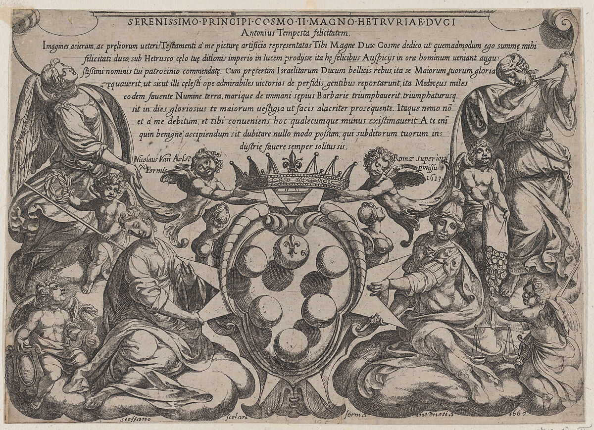 Frontispiece to 'The Battles of the Old Testament' with the arms of the Medici Crowned by Two Putti, Antonio Tempesta (Italian, Florence 1555–1630 Rome), Etching; second state of two (Bartsch) 