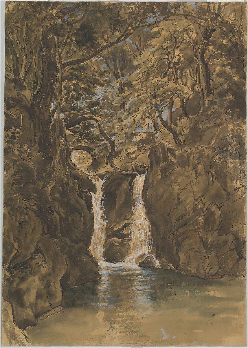A View of Lower Rydal Falls, Cumbria, Thomas Fearnley (Norwegian, Frederikshald 1802–1842 Munich), Watercolor, pen and ink, gray and white heightening, on beige paper 