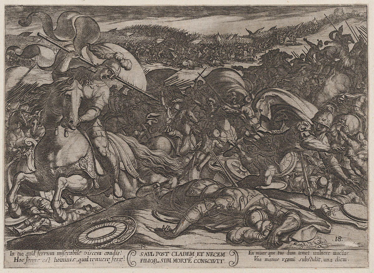 Plate 18: Saul's Suicide after His Defeat by the Philistines, from 'The Battles of the Old Testament', Antonio Tempesta (Italian, Florence 1555–1630 Rome), Etching 