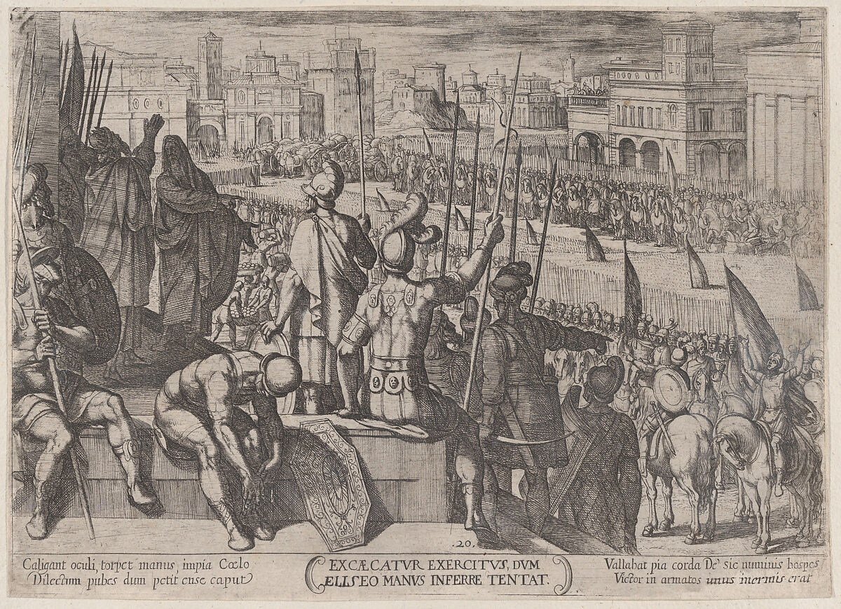 Plate 20: Elisha Bringing the Blinded Syrian Army to the King of Israel, from 'The Battles of the Old Testament', Antonio Tempesta (Italian, Florence 1555–1630 Rome), Etching 