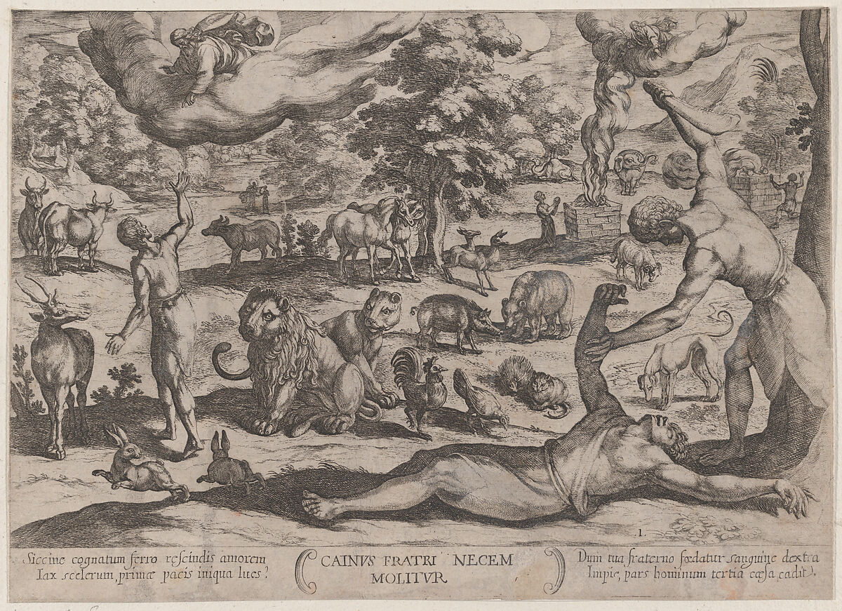Plate 1: Cain Killing Abel, from 'The Battles of the Old Testament', Antonio Tempesta (Italian, Florence 1555–1630 Rome), Etching 