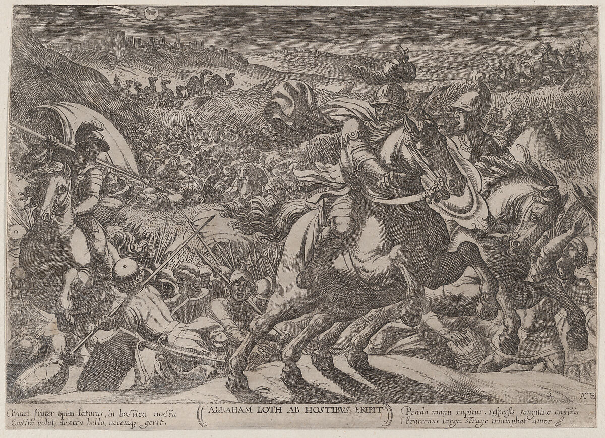 Plate 2: Abraham Liberating His Nephew Lot, from 'The Battles of the Old Testament', Antonio Tempesta (Italian, Florence 1555–1630 Rome), Etching 
