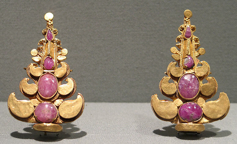Two Elements from a Crown with Inlaid Stones, Gold with inlaid stones, Indonesia (Java) 