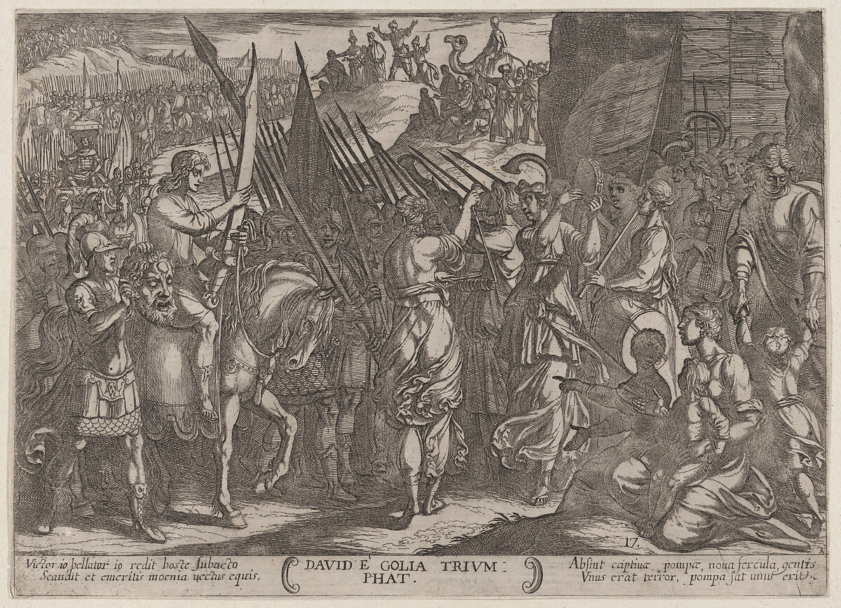 Plate 17: David Returning in Triumph with the Head of Goliath, from 'The Battles of the Old Testament', Antonio Tempesta (Italian, Florence 1555–1630 Rome), Etching 