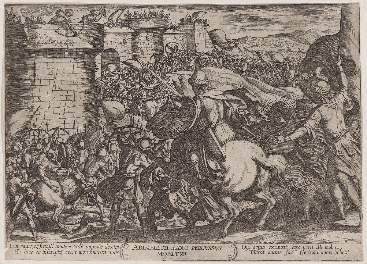 Plate 15: The Death of Abimelech, from 'The Battles of the Old Testament', Antonio Tempesta (Italian, Florence 1555–1630 Rome), Etching 