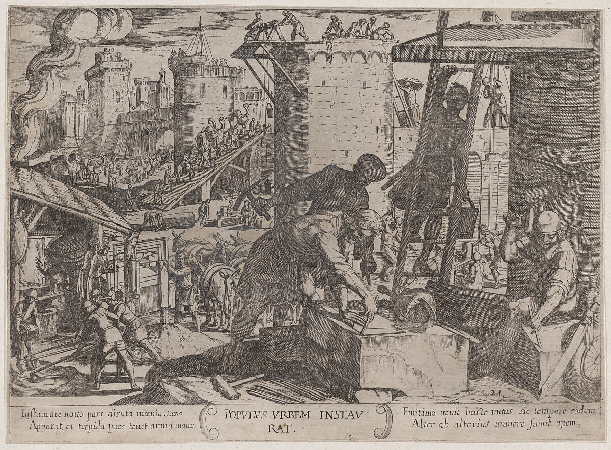 Plate 24: The Israelites Rebuilding the Walls of Jerusalem, from 'The Battles of the Old Testament', Antonio Tempesta (Italian, Florence 1555–1630 Rome), Etching 