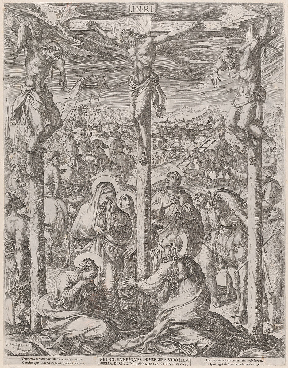 Christ crucified between the two thieves, the three maries at the foot of the cross, Antonio Tempesta (Italian, Florence 1555–1630 Rome), Etching; third state of three (Bartsch) 