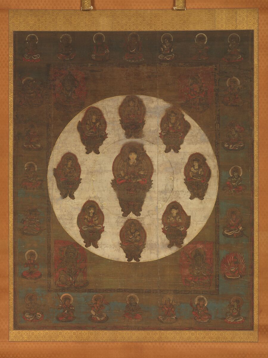 Mandala of the Bodhisattva Monju (Manjushri) of the Eight Syllables, Hanging scroll; ink, color, gold, and gold leaf on silk, Japan