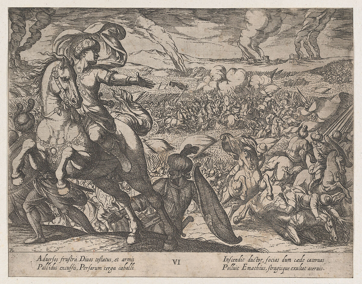 Plate 6: Darius Fleeing from the Battlefield, from "The Deeds of Alexander the Great", Antonio Tempesta (Italian, Florence 1555–1630 Rome), Etching, first state of two (Bartsch) 