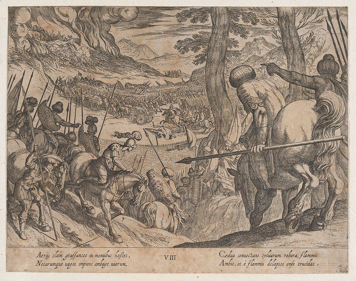 Plate 8: Alexander Encircling the Enemy Troops with Fire, from "The Deeds of Alexander the Great", Antonio Tempesta (Italian, Florence 1555–1630 Rome), Etching, first state of two (Bartsch) 