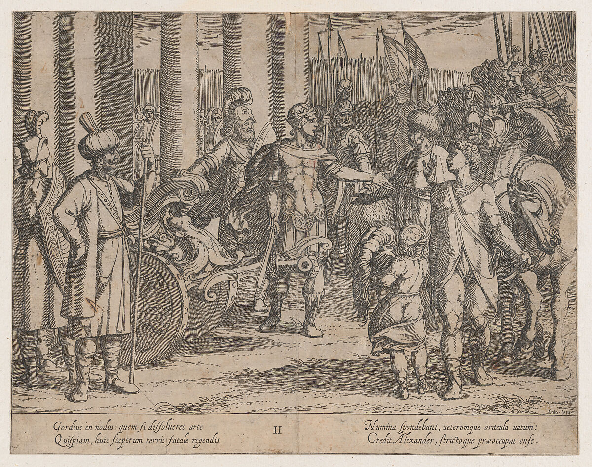 Plate 2: Alexander Cutting the Gordian Knot, from "The Deeds of Alexander the Great", Antonio Tempesta (Italian, Florence 1555–1630 Rome), Etching, first state of two (Bartsch) 