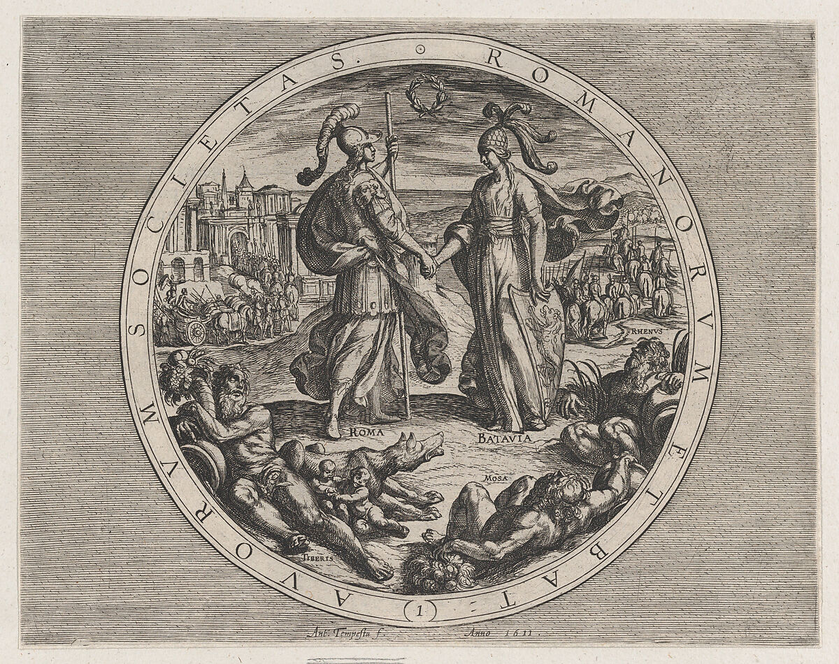 Plate 1: Roma and Batavia Shaking Hands, from The War of the Romans Against the Batavians (Romanorvm et Batavorvm societas), Antonio Tempesta (Italian, Florence 1555–1630 Rome), Etching, first state of two, issue 1 (Bartsch) 