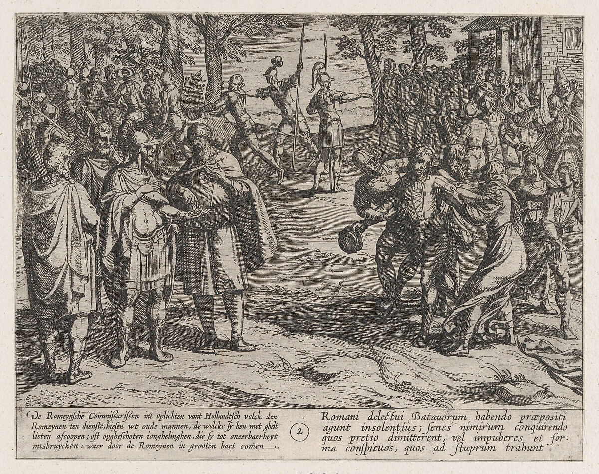 Plate 2: The Romans Taking Old Dutch Men as Hostages and Seducing Young Ones, from The War of the Romans Against the Batavians (Romanorvm et Batavorvm societas), Antonio Tempesta (Italian, Florence 1555–1630 Rome), Etching, first state of two, issue 1 (Bartsch) 