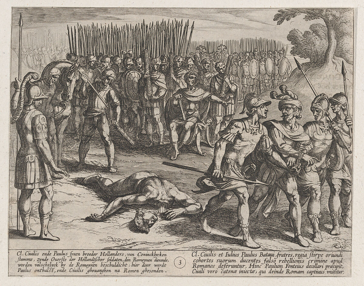 Plate 3: Claudius Civilis Arrested and his Brother Paulus Beheaded, from The War of the Romans Against the Batavians (Romanorvm et Batavorvm societas), Antonio Tempesta (Italian, Florence 1555–1630 Rome), Etching, first state of two, issue 1 (Bartsch) 