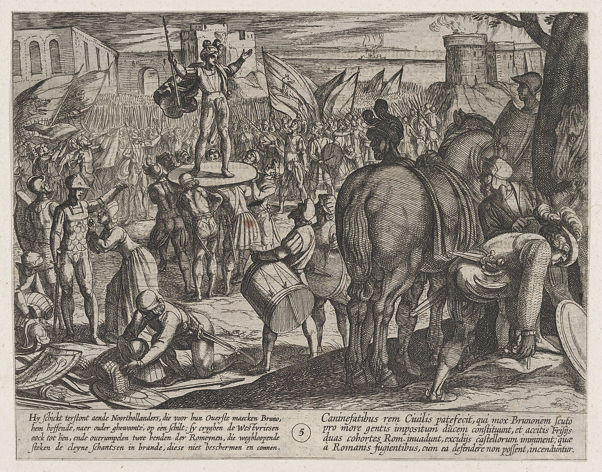 Plate 5: Bruno Appointed Leader of the Caninefates, from The War of the Romans Against the Batavians (Romanorvm et Batavorvm societas), Antonio Tempesta (Italian, Florence 1555–1630 Rome), Etching, first state of two, issue 1 (Bartsch) 