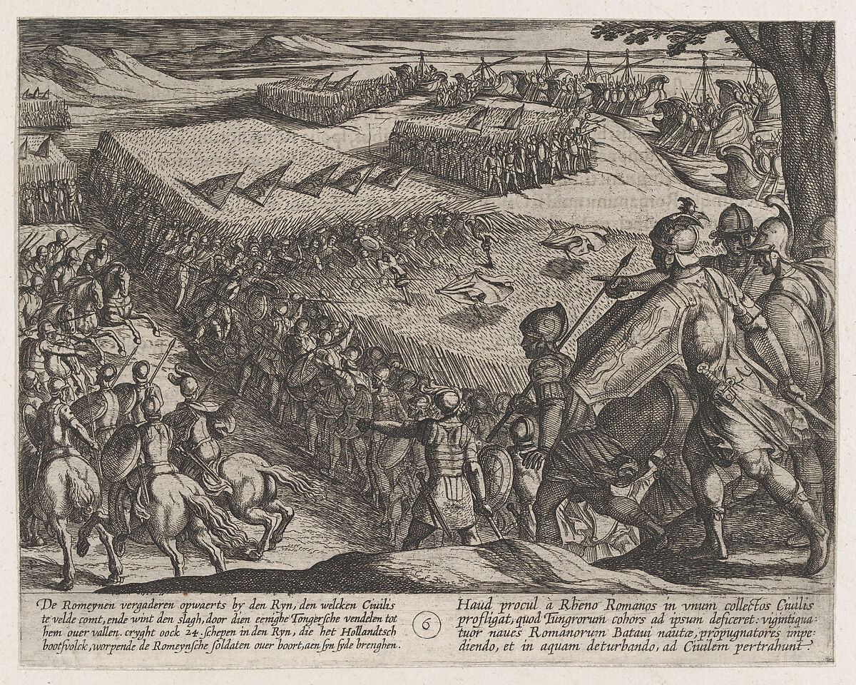 Plate 6: Romans Defeated Near the Rhine, from The War of the Romans Against the Batavians (Romanorvm et Batavorvm Societas), Antonio Tempesta (Italian, Florence 1555–1630 Rome), Etching, first state of two, issue 1 (Bartsch) 