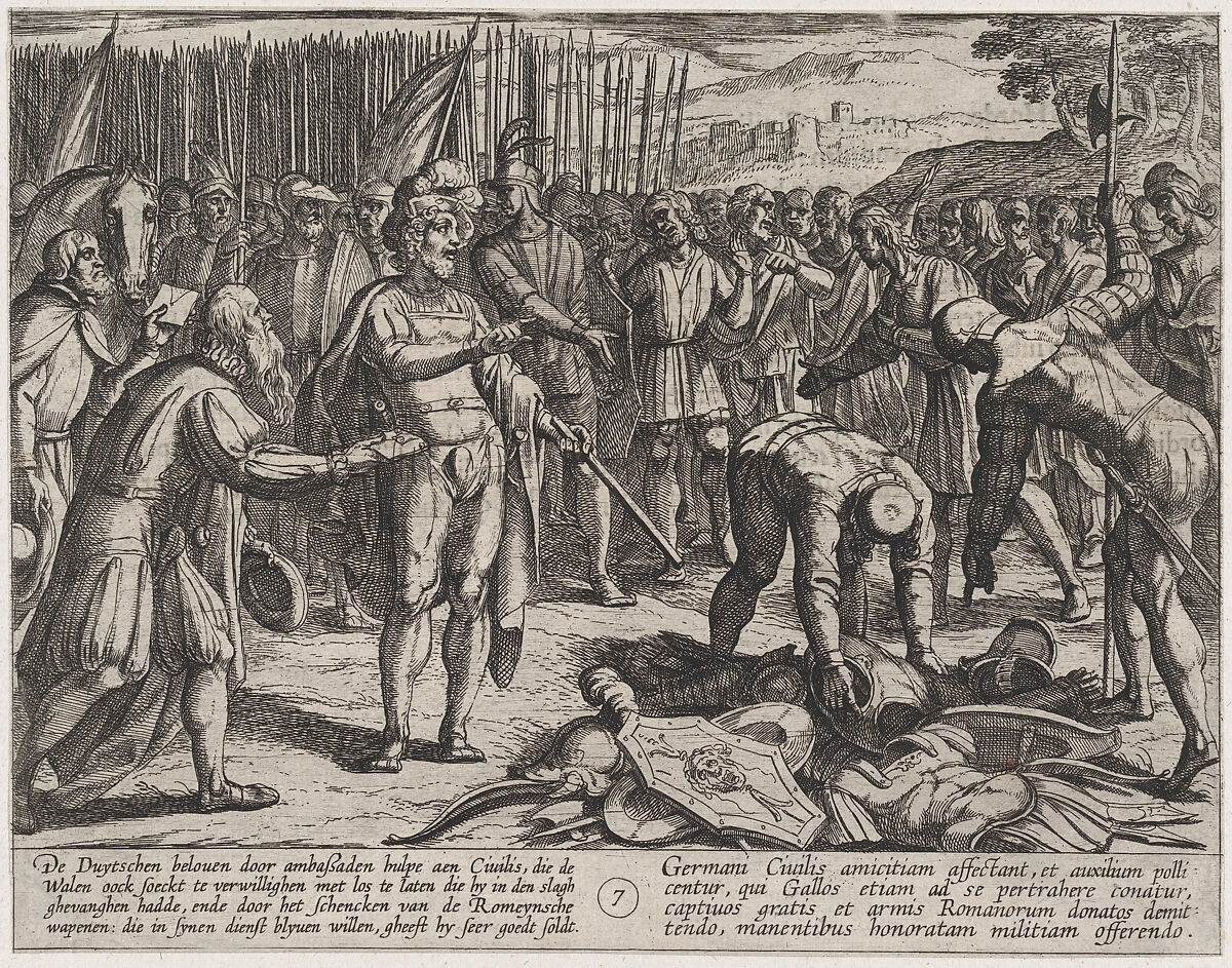 Plate 7: German Envoys Visit Civilis, from The War of the Romans Against the Batavians (Romanorvm et Batavorvm societas), Antonio Tempesta (Italian, Florence 1555–1630 Rome), Etching, first state of two, issue 1 (Bartsch) 